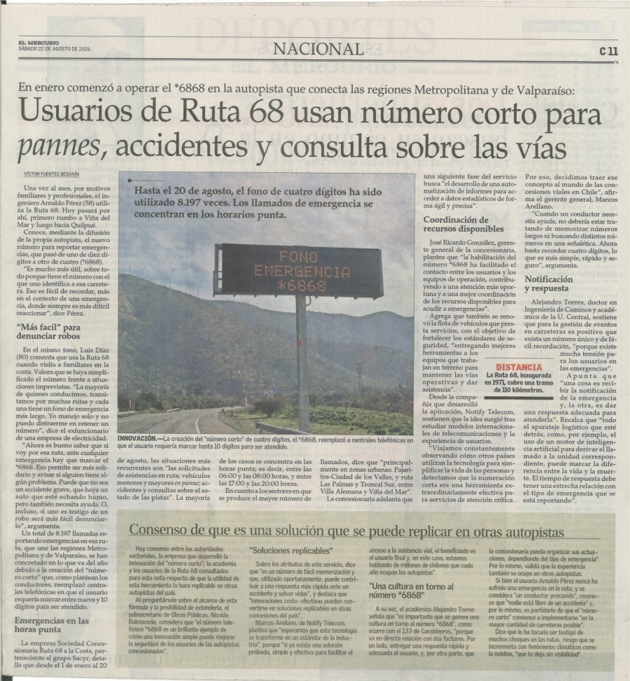 Portada de El Mercurio, 22 de agosto de 2026